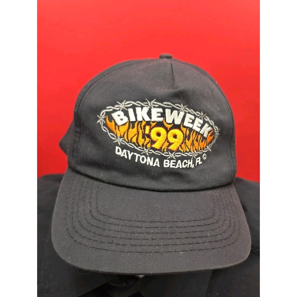 Vtg 1999 Daytona Beach Bike Week Hat Cap Black Flames Barbed Wire Biker Y2K CSI